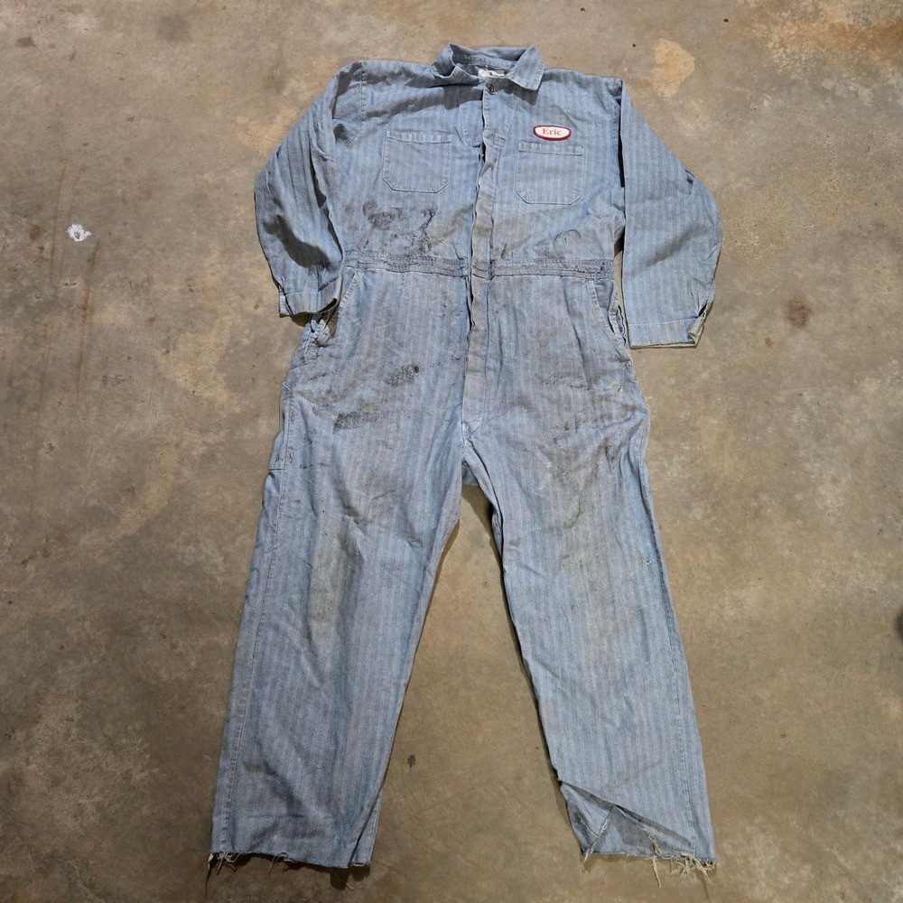 Vintage GW Herringbone Coveralls Mens Size 40 Blue Workwear Jumpsuit Eric Patch